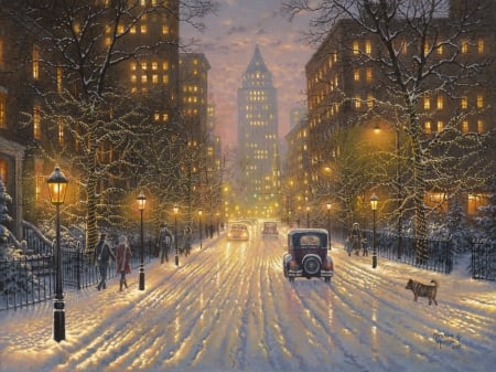 City lights - winter, mark keathley, city, night, street, christmas, pictura, retro, car, craciun, vintage, lights, painting, iarna, art