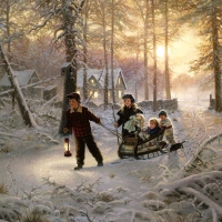 Winter sunset with children