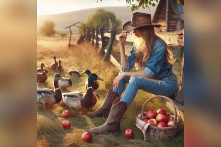 Cowgirl with her ducks - Cowgirl, bird, apples, ducks