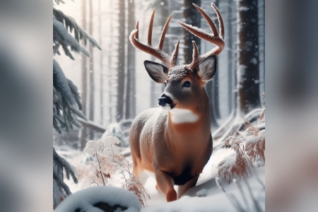 Snowy woodland - buck, deer, whitetail, woods