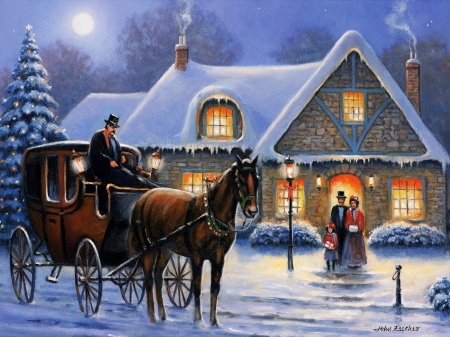 Christmas Eve - artwork, coach, horse, house, lights, painting, snow, trees