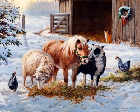 :) - chicken, winter, persis clayton weirs, pponey, horse, cat, countryside, pictura, hen, animal, sheep, painting, barn, iarna, art, rural