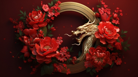 Zodiac - Dragon - peony, dragon, red, golden, card, flower, zodiac