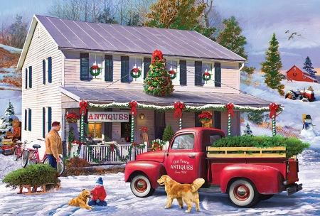 Christmas Antique Shop - artwork, car, house, paint, painting, snow, trees