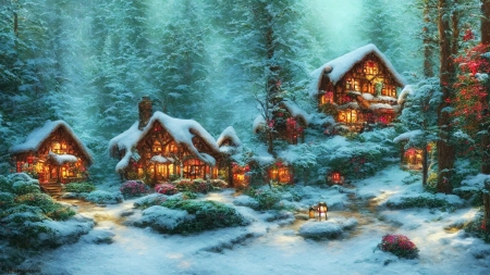Ginger bread cottage in a dark forest - artwork, houses, painting, snow, trees, winter
