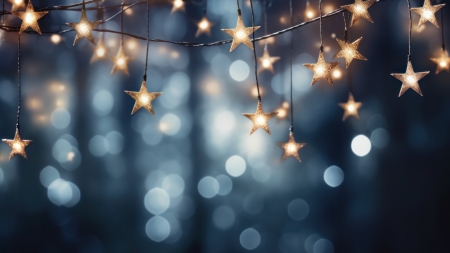 Christmas lights - bokeh, yelloe, yellow, blue, night, stars, christmas, craciun, lights, card