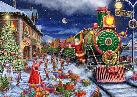 The Santa Express - christmas, elves, lifgts, moon, mrs claus, presents, santa, snow, snowman, train, tree