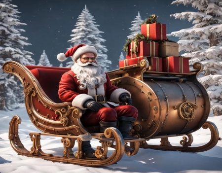 Steampunk Santa - artwork, gifts, painting, sleigh, snow, trees