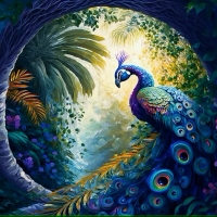 Tropical rainforest with peacock