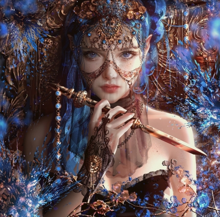 Fantasy girl - art, blue, erak note, face, fantasy, frumusete, girl, jewel