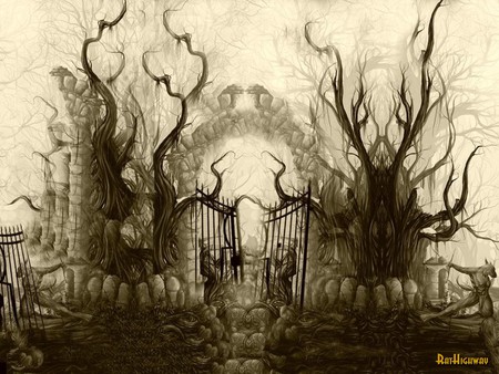 entrance to the garden of evil - gates, trees