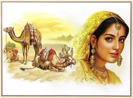 INDIAN BEAUTY - desert, beautiful, painting, indian, girl, camels