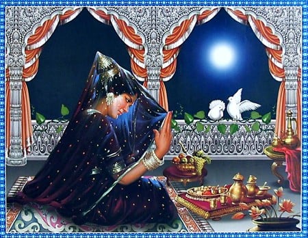 WAITING - doves, painting, indian, art, lady, beautiful, night, waiting