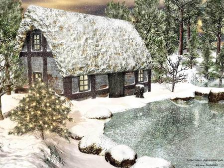 Glazed - house, ice, winter, christmas tree, pond, snow, tres, art