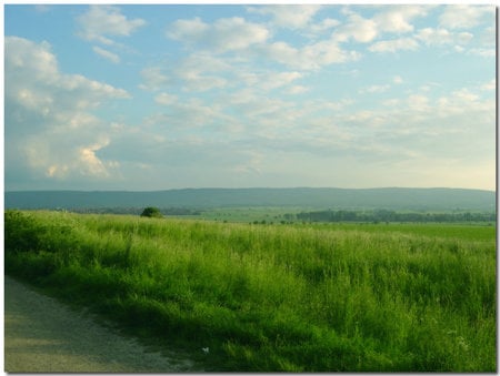 Happy Day - white, sky, blue, clouds, green, field, mountains