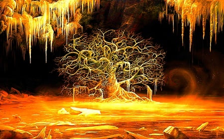 Gold Secret - freeze, tree, cave, mountain