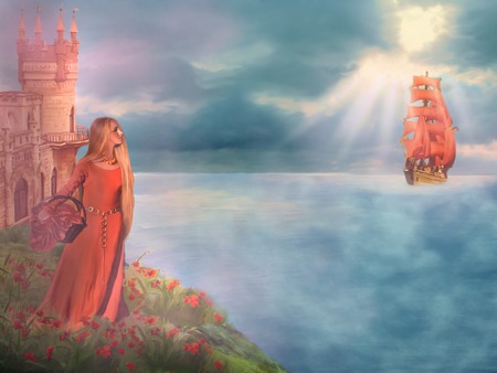 Scarlet sails - woman, sky, girl, ship, beautiful, clouds, castle, flowers, sea, boat