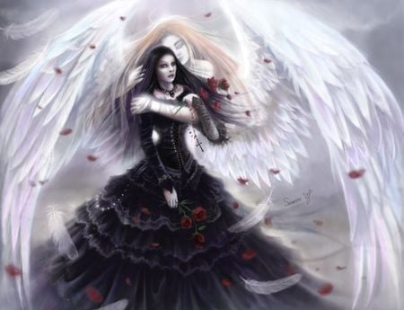 Heaven s Ice - woman, angel, roses, girl, wings, goth, gothic, black, white, beautiful, flowers