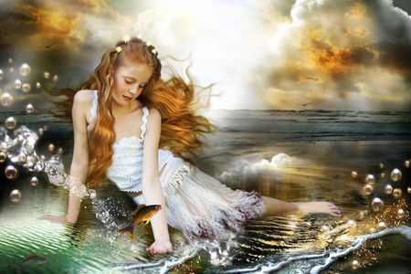 Little mermaid - girls, woman, women, photomanipulation, beach, female, photography, fantasy, white, pretty, grey, fair, figure, green, girl, 3d cg, red hair, foam, waves, nature, abstract, red, blue, beautiful, fish, sea, dress