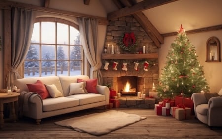 Cozy Christmas Room - fireplace, spruce, interior, Christmas, AI art