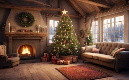 Cozy Christmas Room - fireplace, spruce, interior, Christmas, AI art