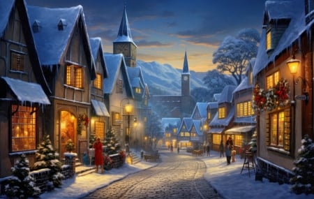 Christmas eve - mood, winter, beautiful, evening, snow, holy, walk, eve, village, street, christmas, countryside, holiday, lights, houses, art