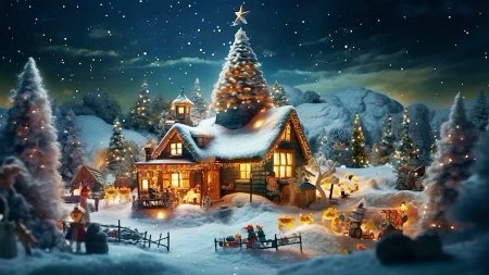 Christmas Time - house, christmas tree, painting, lights, snow