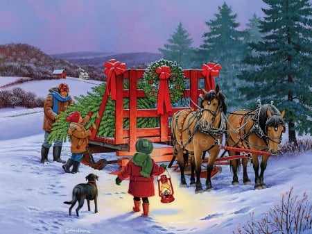 Ready for Home - trees, horses, painting, snow, children, man