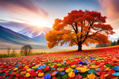 Maple tree - Autumn, Tree, Hills, Colorful, Sunrise