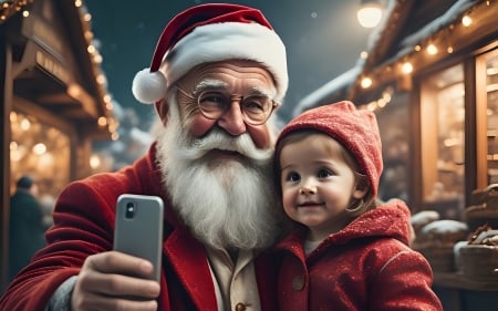 Selfie with Santa - little girl, Santa Claus, Christmas, phone, AI art