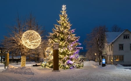 Christmas in Latvia - Latvia, town, ball, snow, night, street, spruce, lights, Christmas