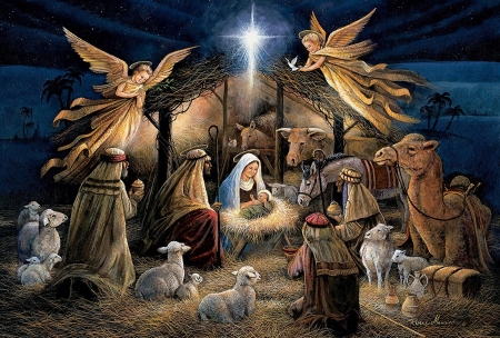In The Manger - angels, artwork, child, christmas, holy kings, joseph, mary, painting, sheep