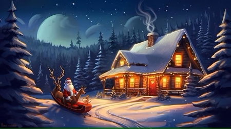 Joyful Christmas - moon, sleigh, winter, trees, artwork, snow, forest, santa, digital, cottage