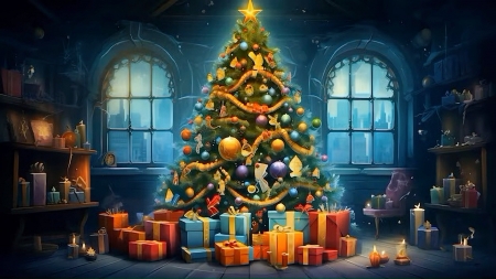 Merry Christmas - artwork, christmas tree, gifts, ornaments, painting, room, windows