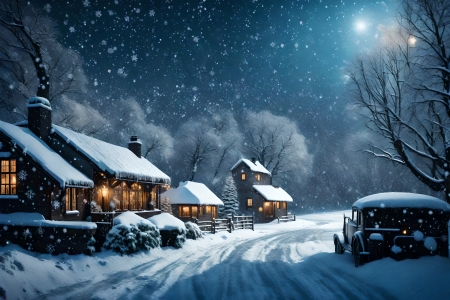 ðŸ’™ - houses, night, snow, winter
