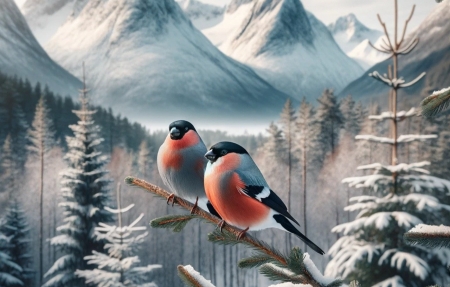 Birds on the tree branch in winter - erdo, faag, fenyok, havas, hegyek, ho, madarak, szines tollazat, tel, termeszet, ules