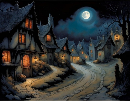 Hamlet - ejszaka, fak, falu, hamlet, hazak, lampafeny, telihold, utak, utca