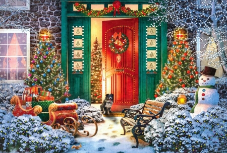 Christmas Door - artwork, decorations, digital, house, sleigh, snow, snowman