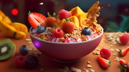 Muesli with fresh fruits - berries, blueberries, bowl, breakfast, fruits