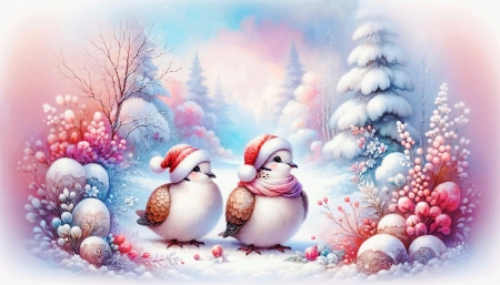 A couple - birds, christmas, couple, doves, snow, winter