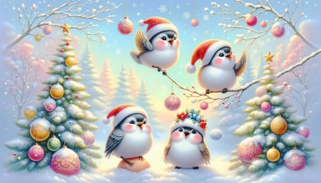 Winter birds - balls, birds, christmas decorations, christmas hats, snow, winter