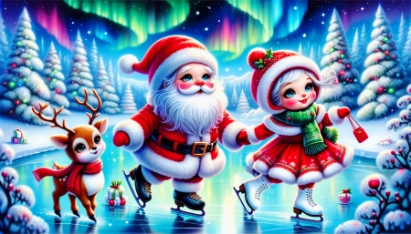 Santa Claus skating - deer, doll, frost, northern lights