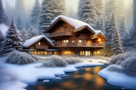 Winter cabin in the forest