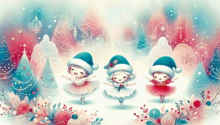 Christmas dancers - flowers, smile, snow, trees, winter