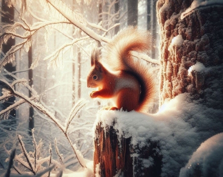 Squirrel in the winter forest - allat, erdo, faronk, havas, havas faagak, ho, mokus, teli, termeszet, ules, vadvilag