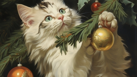 :) - cat, christmas, white, pictura, kitten, craciun, painting, paw, pisici, art