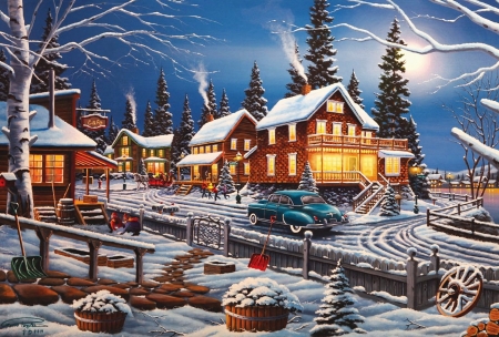 Winter Playtime - artwork, bridge, car, houses, painting, road, snow, trees, village
