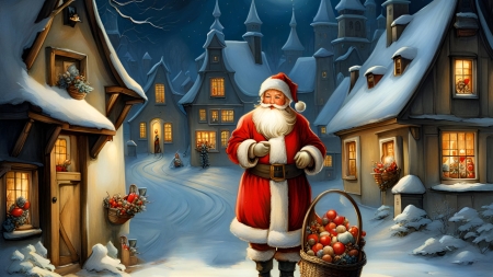 Santa Claus - full moon, gifts, night, road, snow