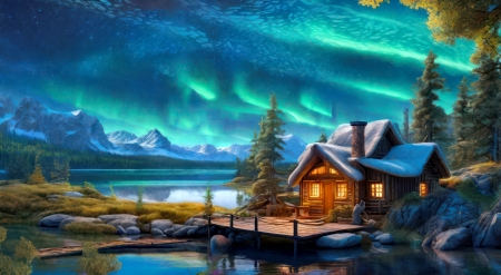 Northern lights - art, aurora bolealis, beautiful, cabin, cold, fairytale, frost, lake, lights, north, peaceful, snow, vivid, winter