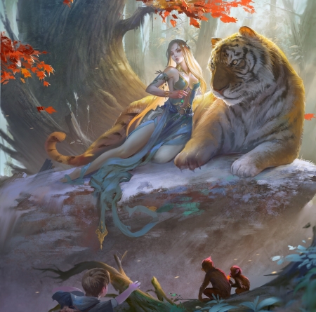 :) - taiwei, maimuta, girl, tiger, monkey, frumusete, fantasy, tigru, art